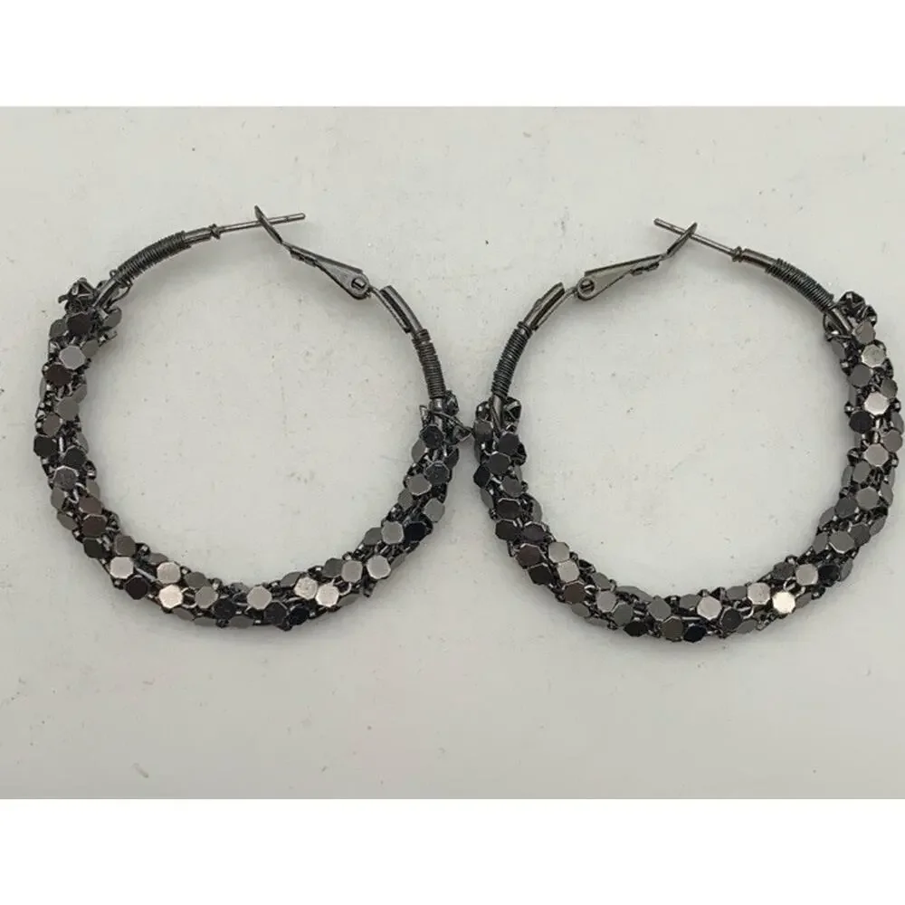 Sparkly Dark Shiny Silver / Grey Textured 2” Hoop Earrings